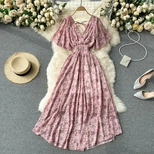 Elegant Ruffled Midi Dress With Floral Print