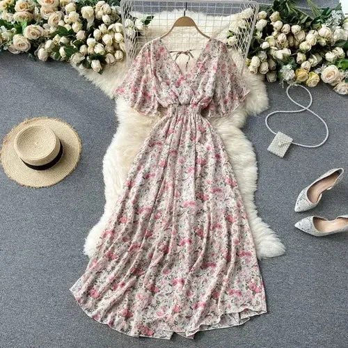 Elegant Ruffled Midi Dress With Floral Print