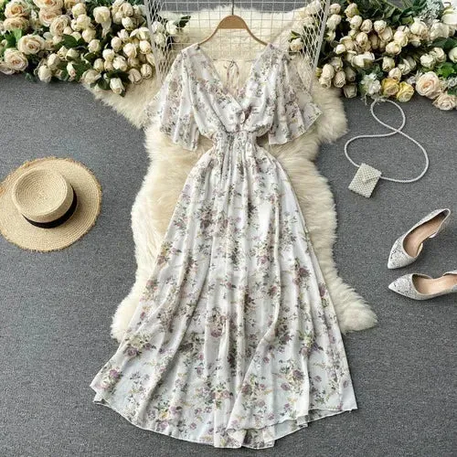 Elegant Ruffled Midi Dress With Floral Print