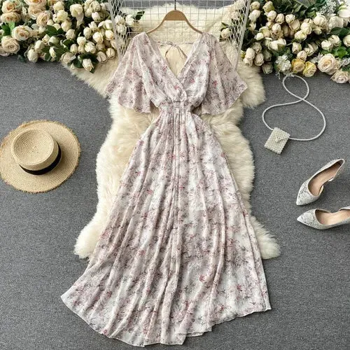 Elegant Ruffled Midi Dress With Floral Print