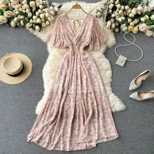 Elegant Ruffled Midi Dress With Floral Print