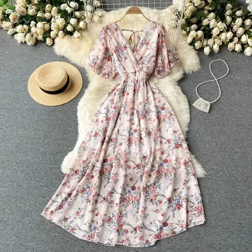 Elegant Ruffled Midi Dress With Floral Print