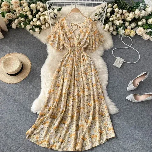 Elegant Ruffled Midi Dress With Floral Print