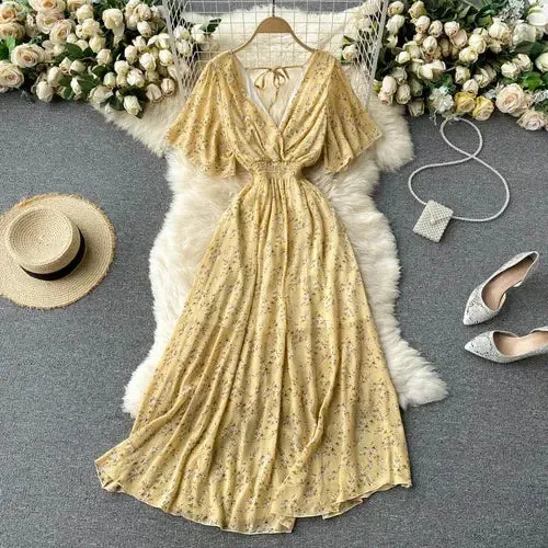 Elegant Ruffled Midi Dress With Floral Print