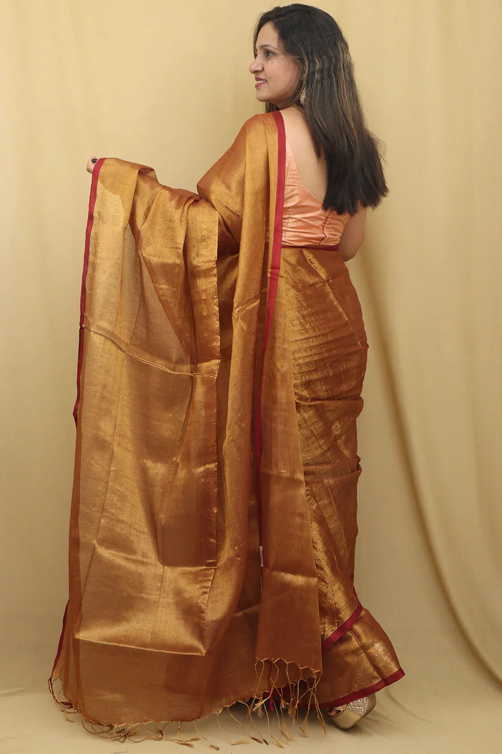 Exquisite Golden Bengal Plain Tissue Cotton Saree