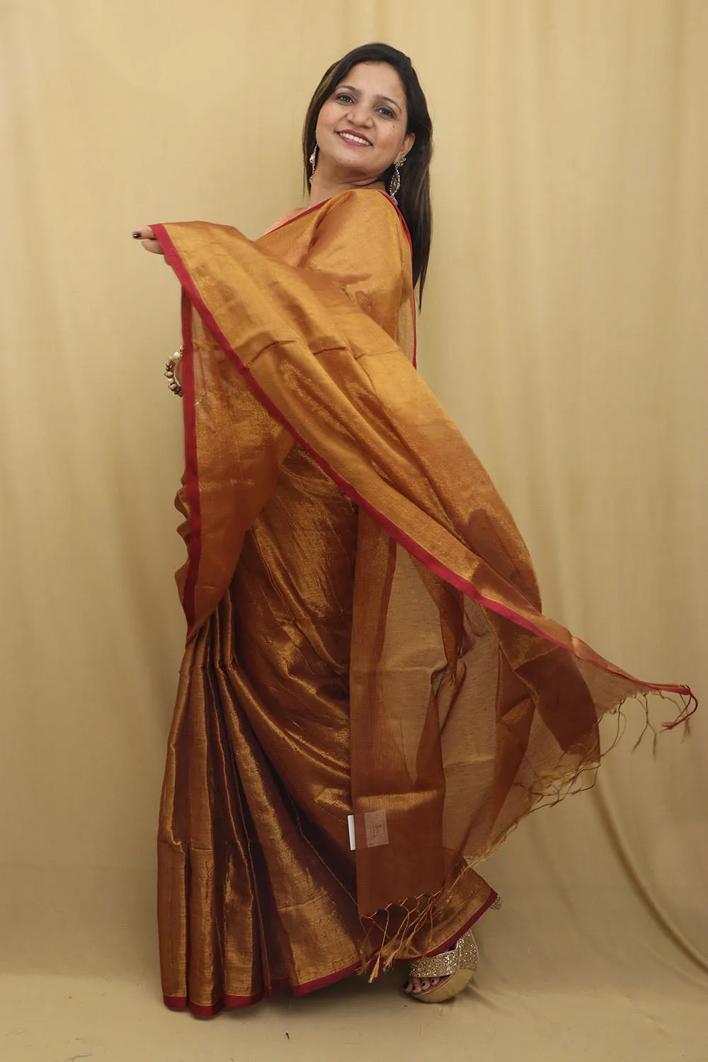 Exquisite Golden Bengal Plain Tissue Cotton Saree
