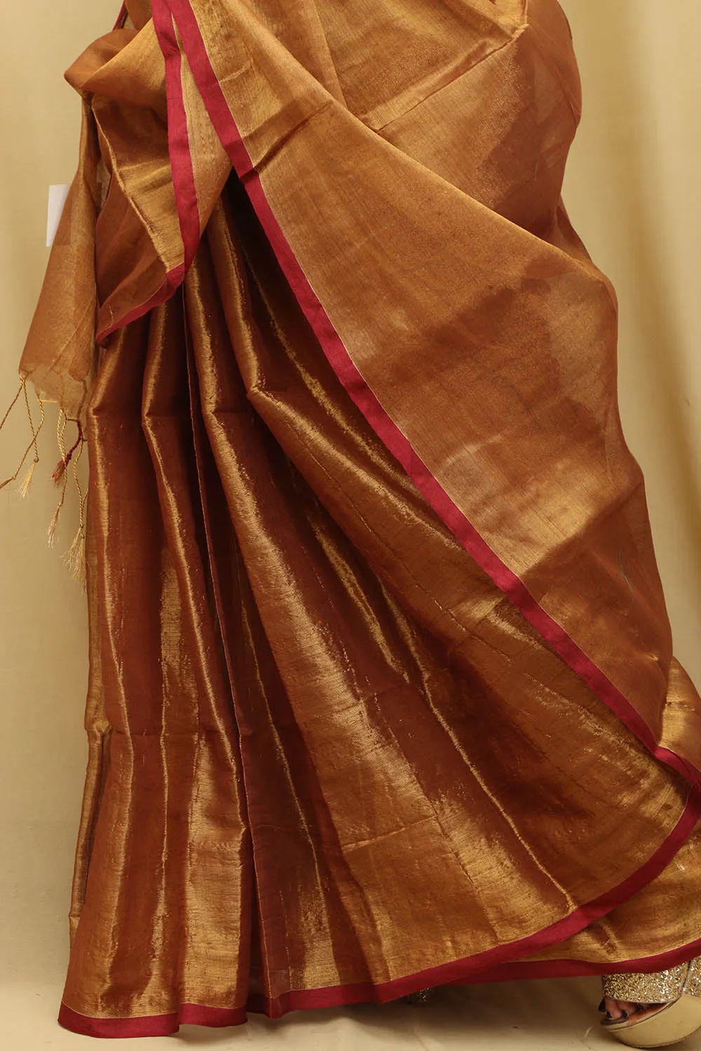 Exquisite Golden Bengal Plain Tissue Cotton Saree
