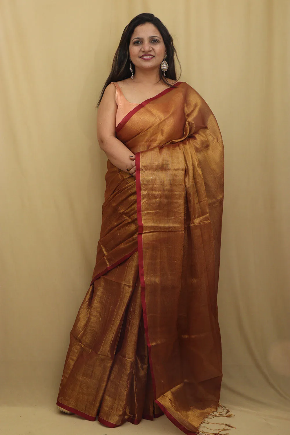Exquisite Golden Bengal Plain Tissue Cotton Saree