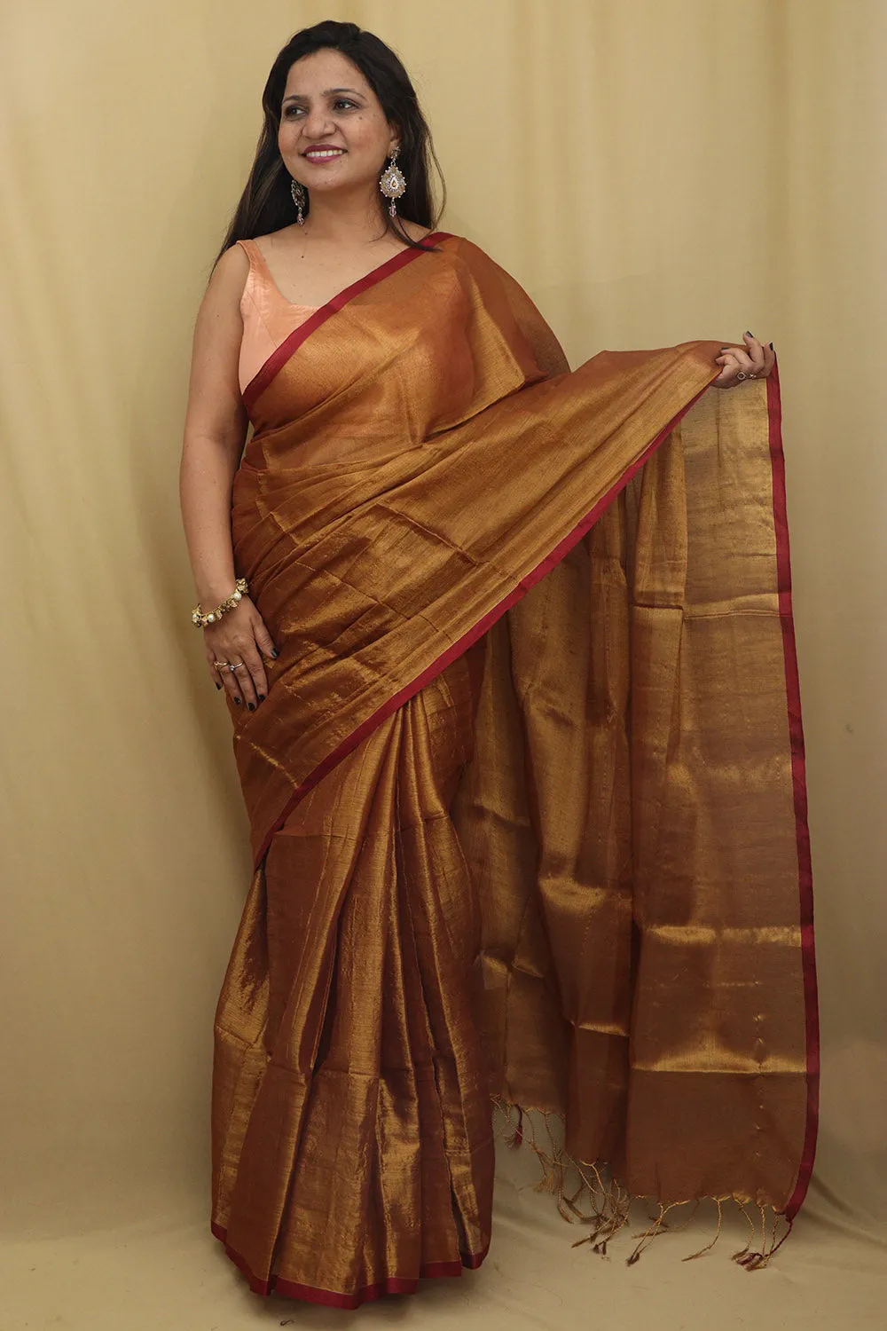 Exquisite Golden Bengal Plain Tissue Cotton Saree