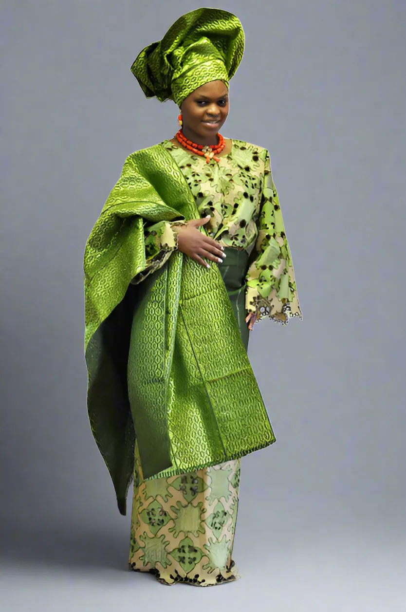 Exquisite Handcut Green Lace Aso oke (Handwoven Material)