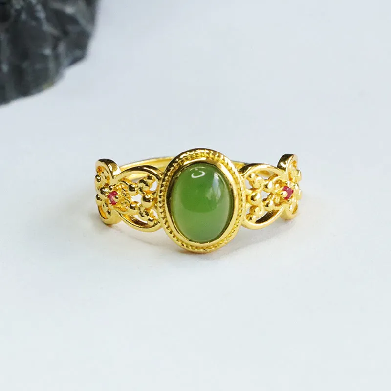 Exquisite Hetian Jade and Jasper Sterling Silver Hollow Ring