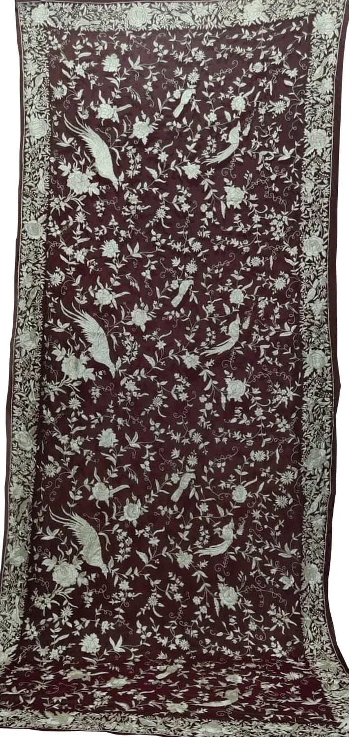 Exquisite Maroon Parsi Hand Embroidered Georgette Dupatta