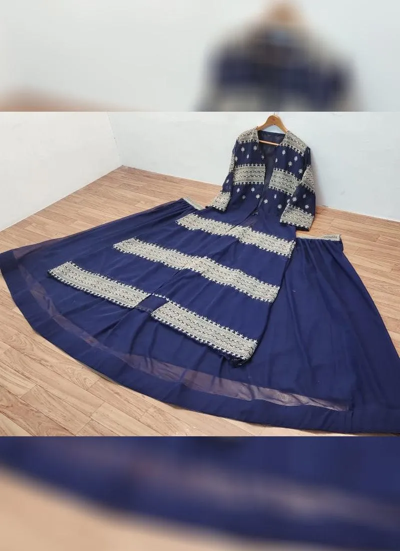 Exquisite Navy Blue Color Jacket Style Lehenga