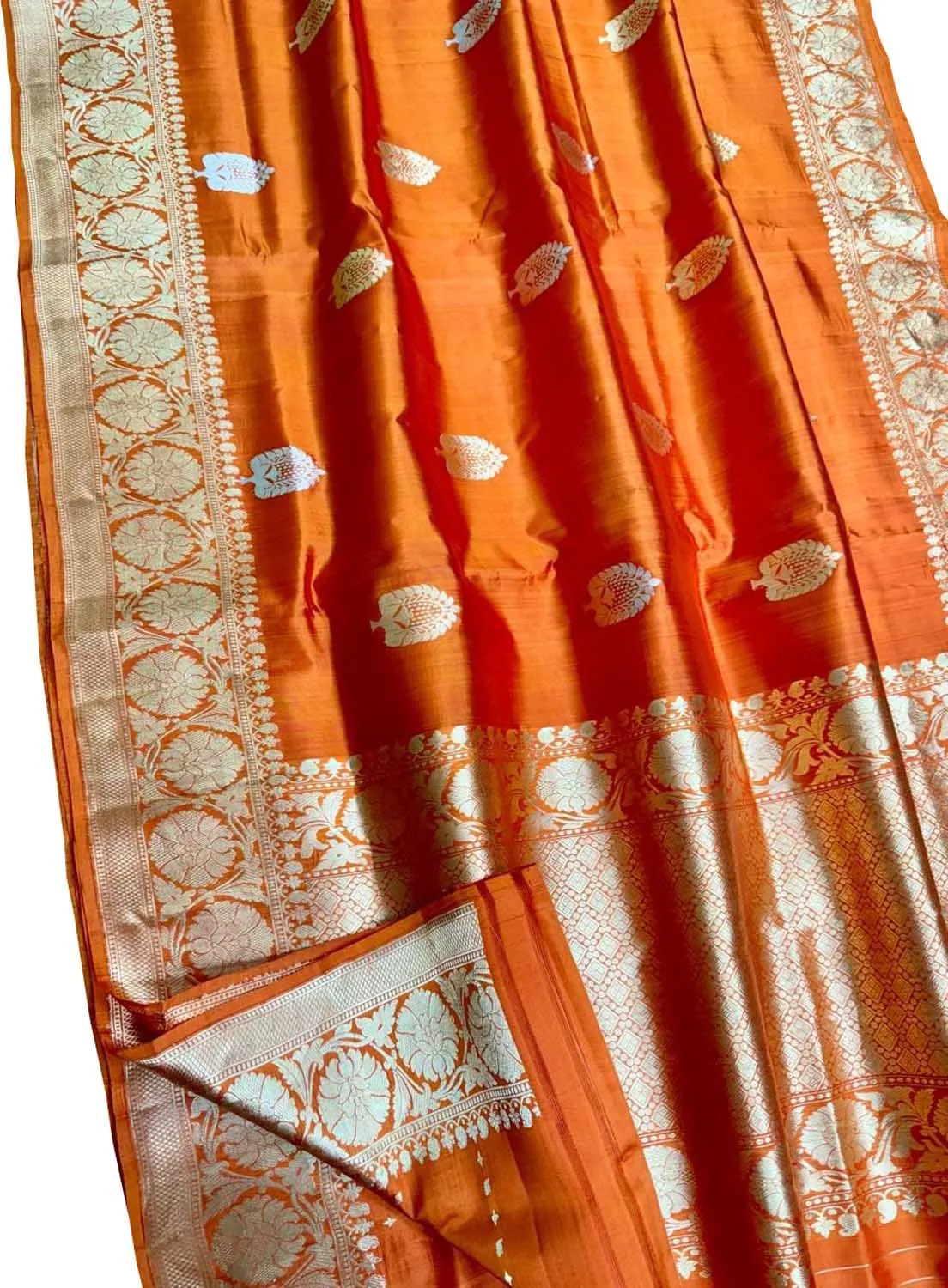 Exquisite Orange Banarasi Silk Saree Handloom