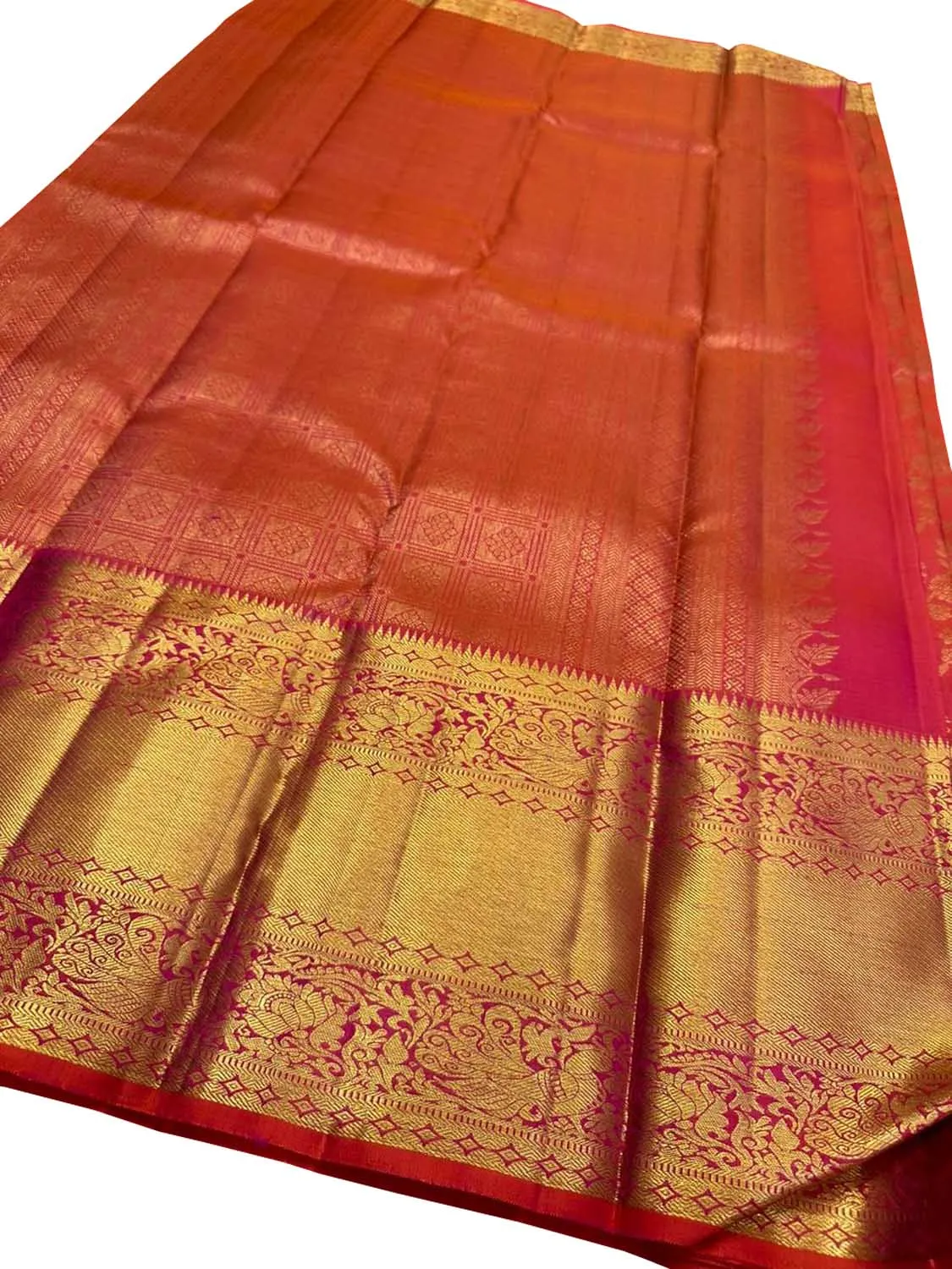 Exquisite Pink & Orange Kanjeevaram Handloom Pure Silk Saree