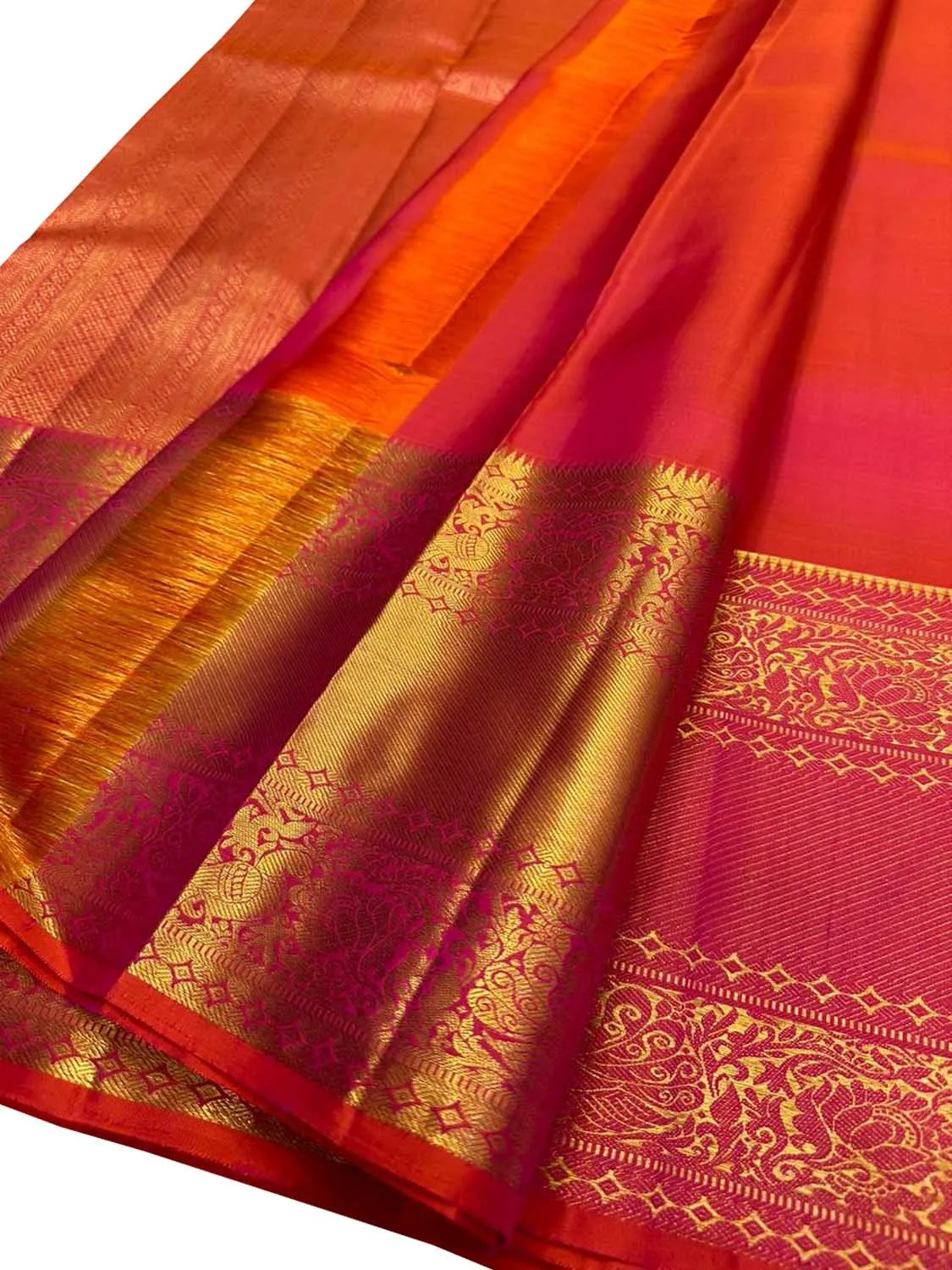 Exquisite Pink & Orange Kanjeevaram Handloom Pure Silk Saree