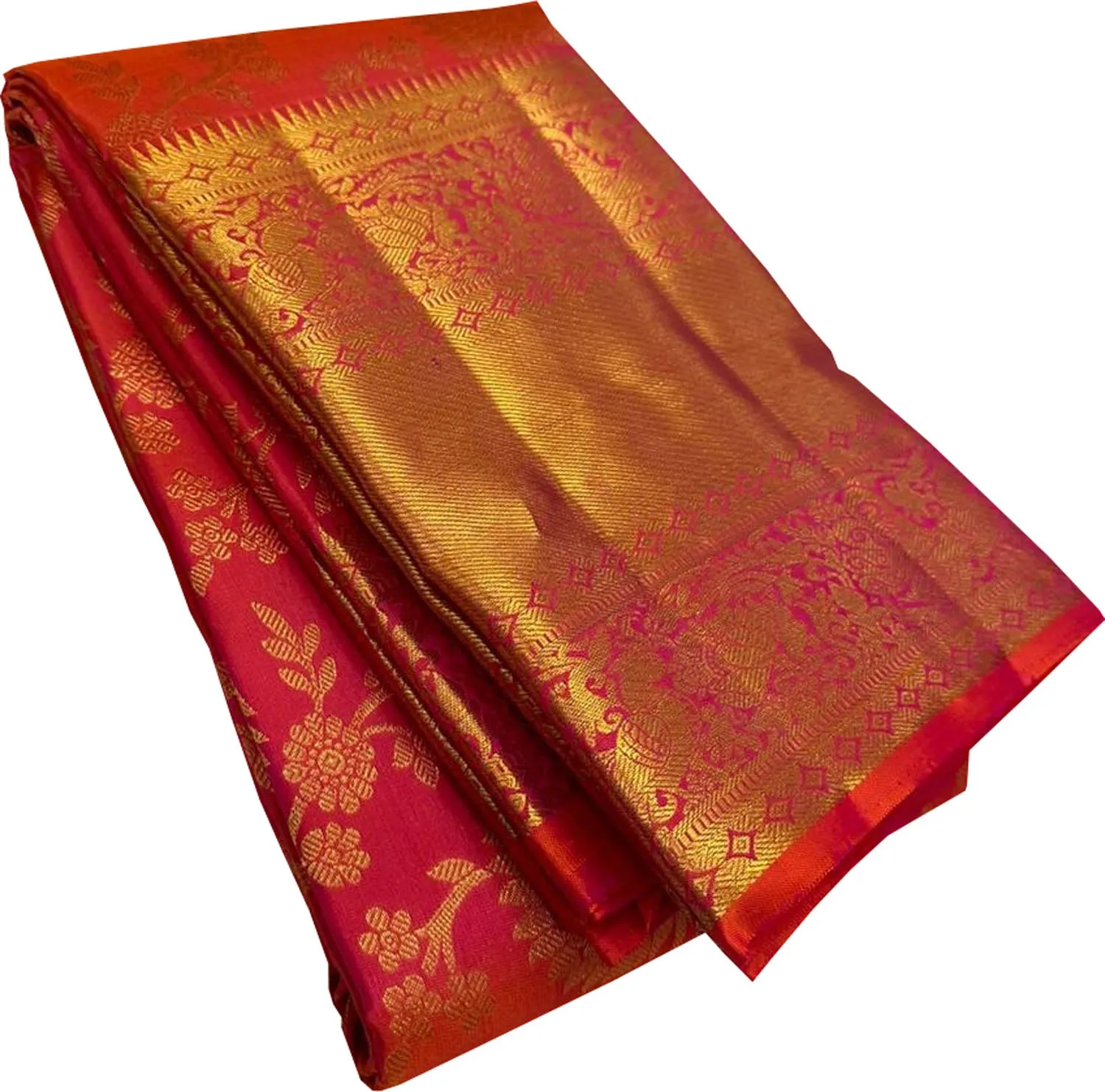 Exquisite Pink & Orange Kanjeevaram Handloom Pure Silk Saree