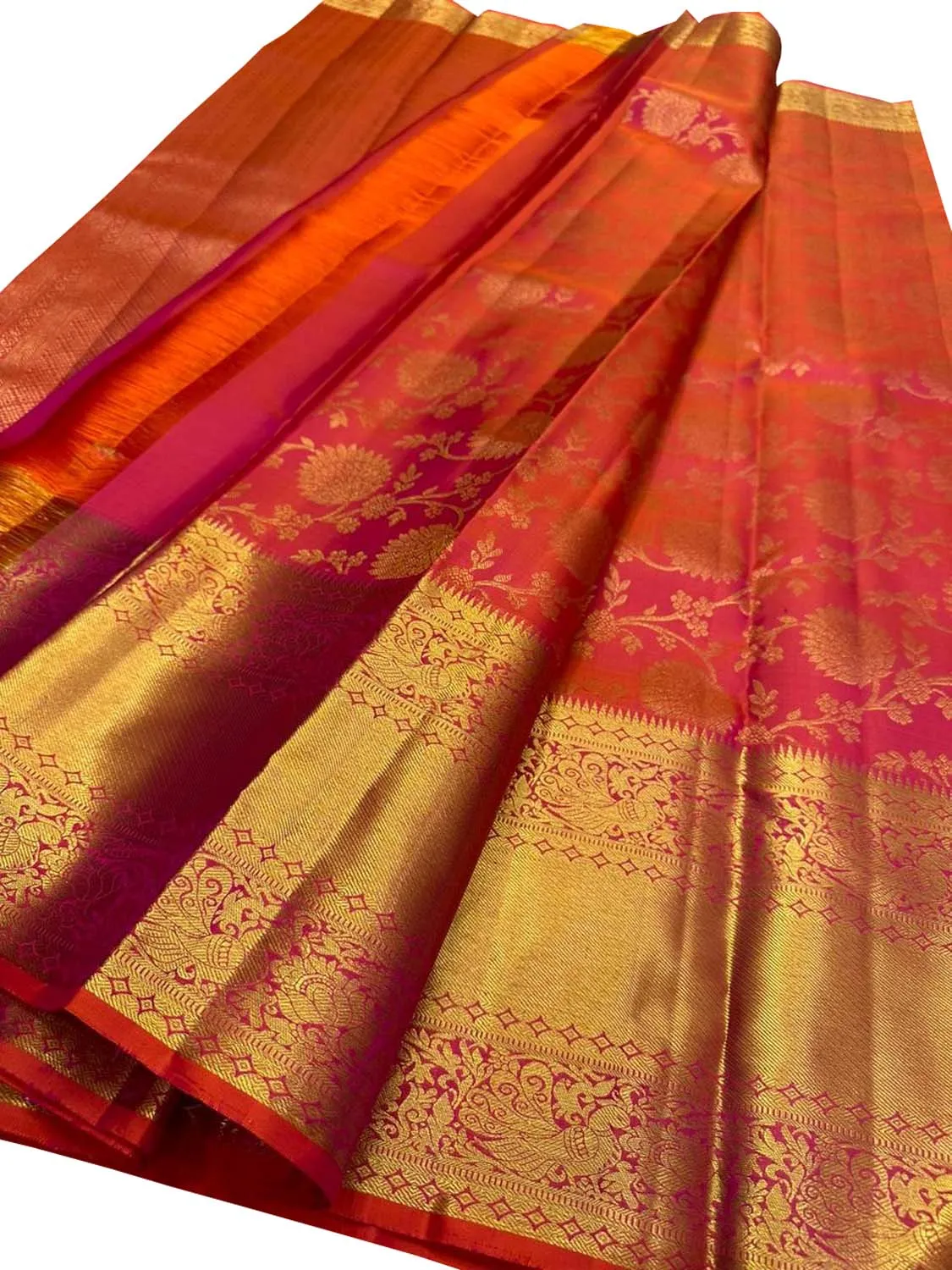 Exquisite Pink & Orange Kanjeevaram Handloom Pure Silk Saree