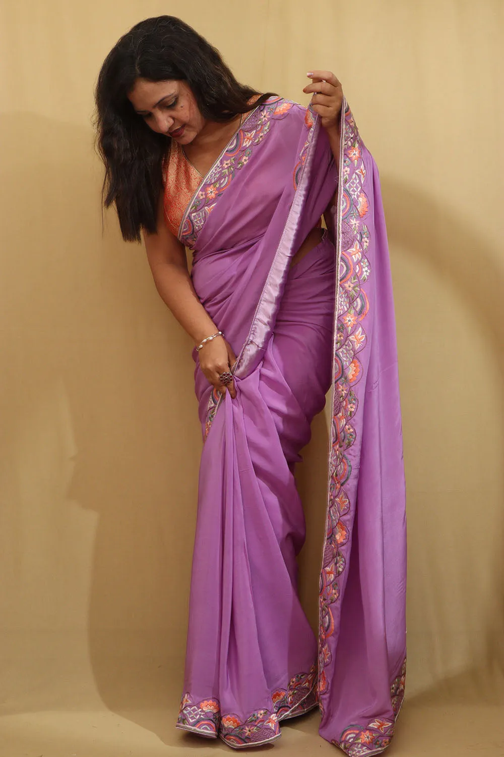 Exquisite Purple Hand Embroidered Parsi Gara Saree