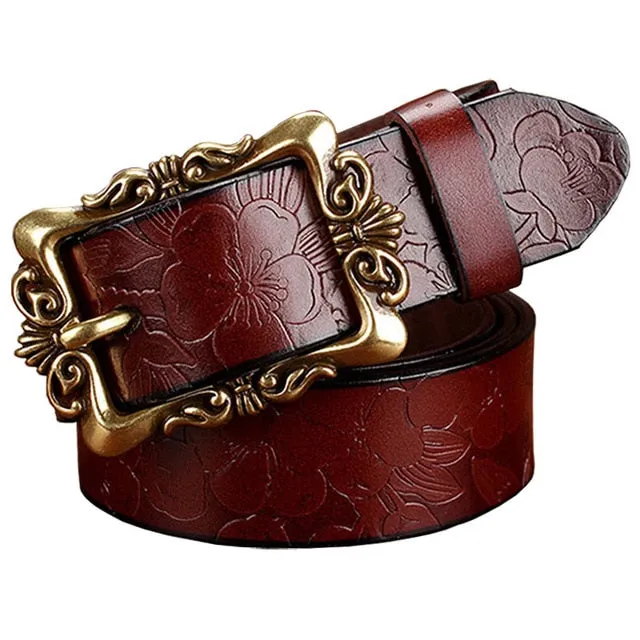 Fashion Wide Genuine leather belts for women Vintage Floral Pin buckle