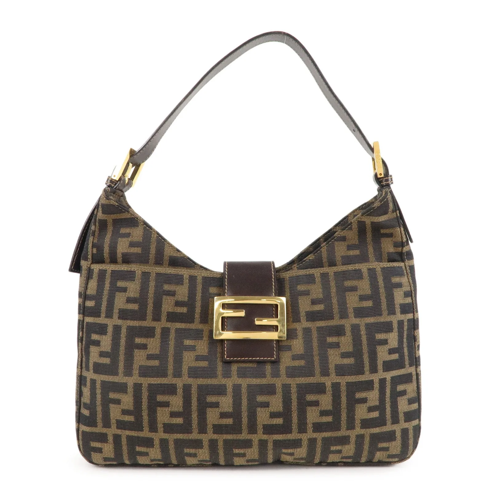 FENDI Zucca Canvas Leather Shoulder Bag Brown Black 26569