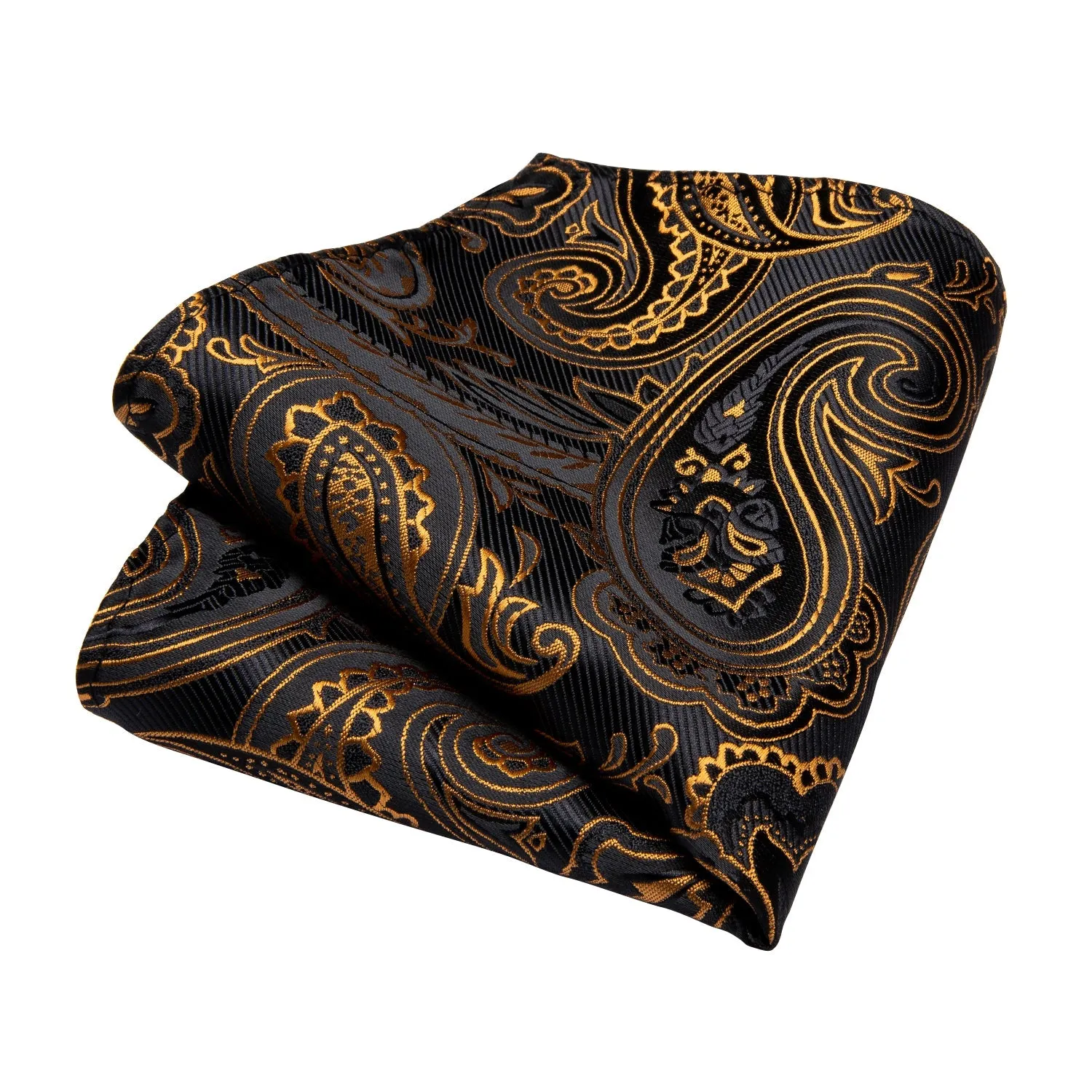 Gold Floral Paisley Tie Pocket Square Cufflinks Set with Spacious Ring
