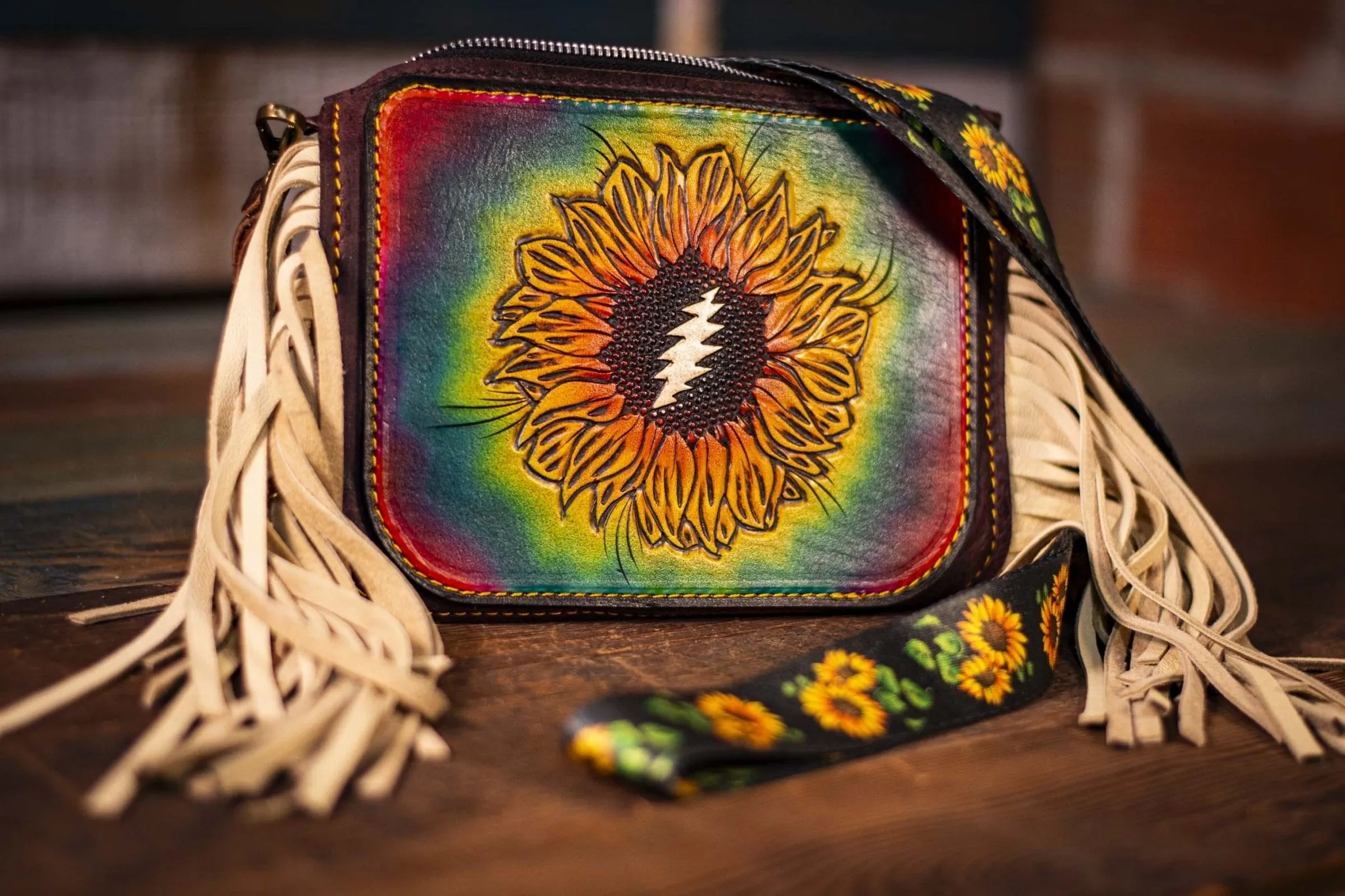 Hand-Tooled Leather Grateful Sunflower Fringe Clutch Bag - Rainbow Festival Boho Style