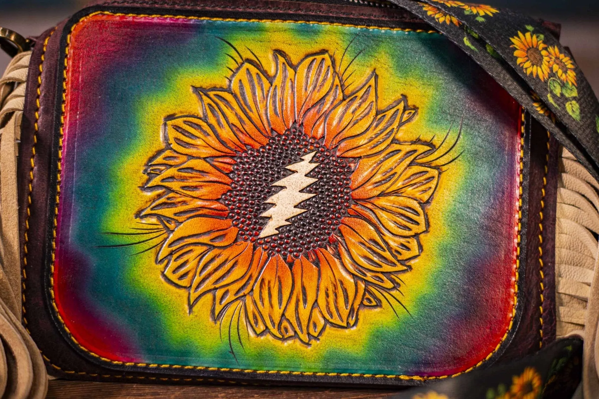 Hand-Tooled Leather Grateful Sunflower Fringe Clutch Bag - Rainbow Festival Boho Style