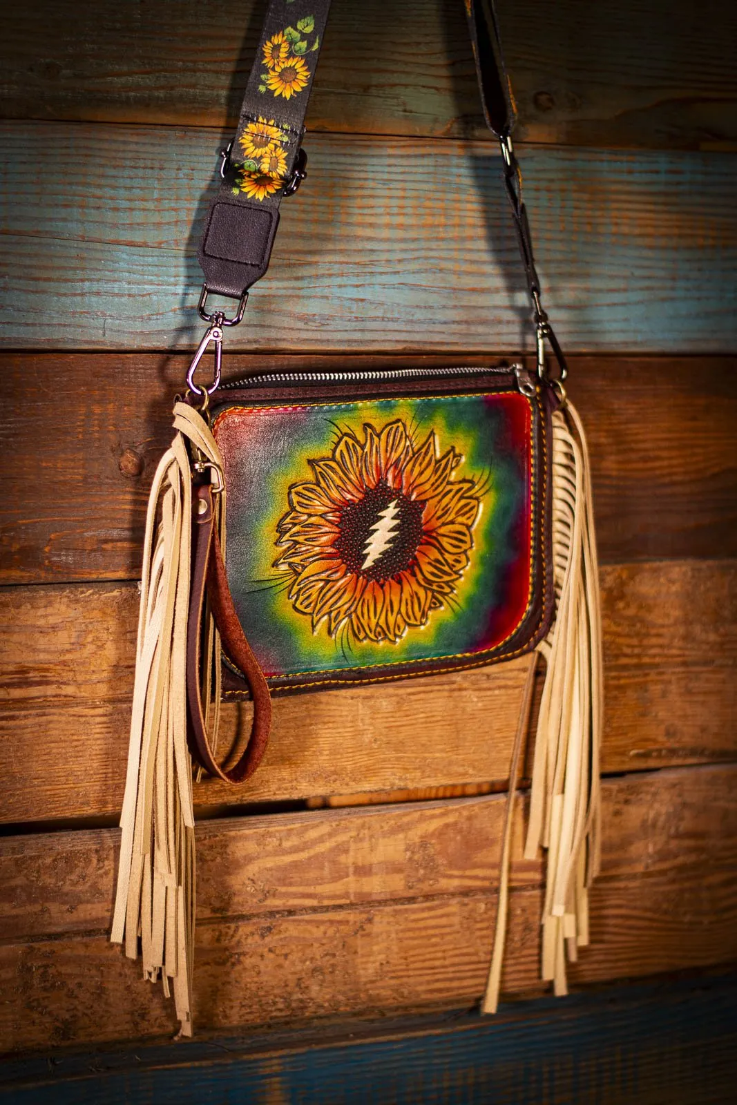 Hand-Tooled Leather Grateful Sunflower Fringe Clutch Bag - Rainbow Festival Boho Style