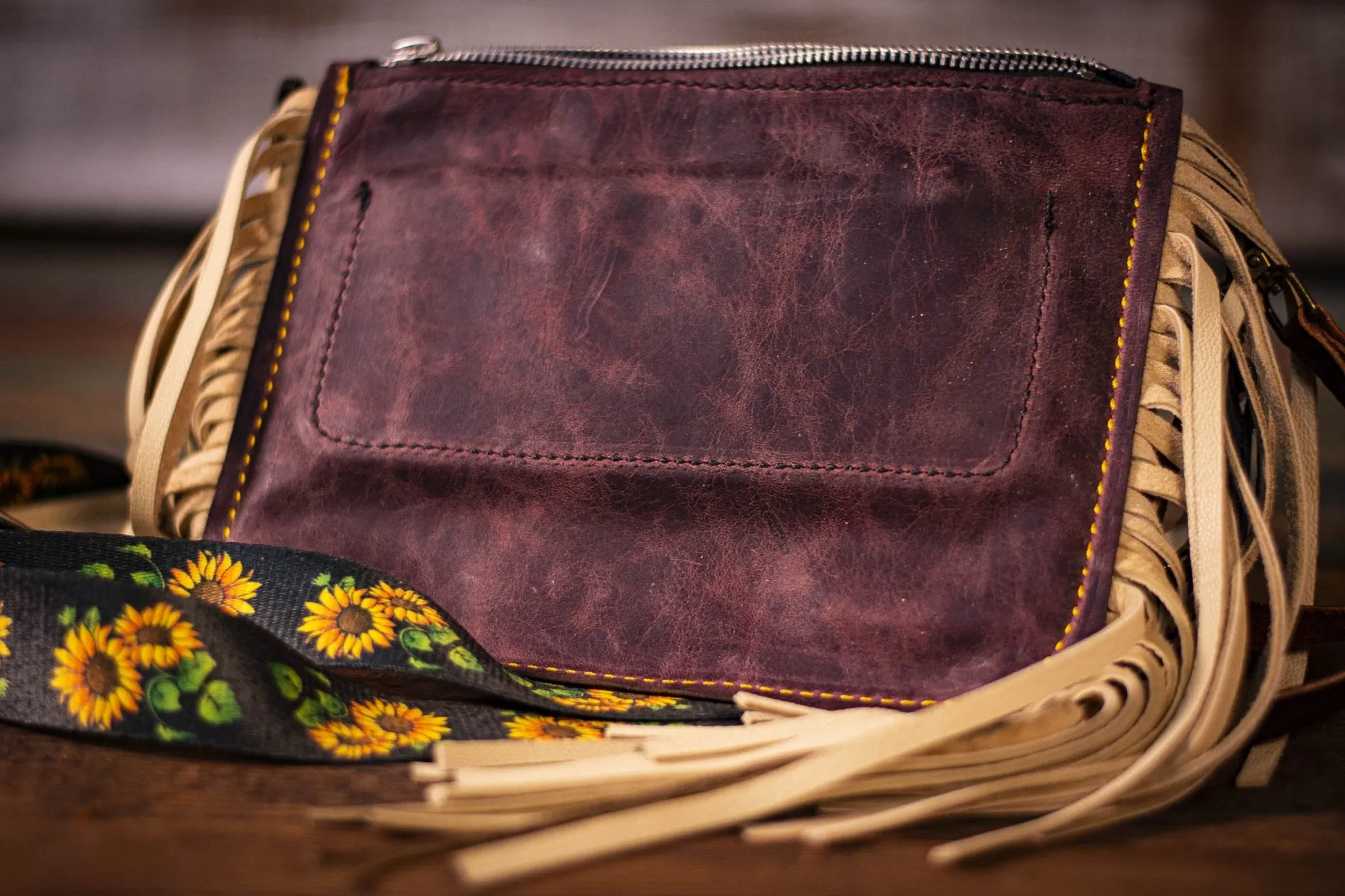 Hand-Tooled Leather Grateful Sunflower Fringe Clutch Bag - Rainbow Festival Boho Style