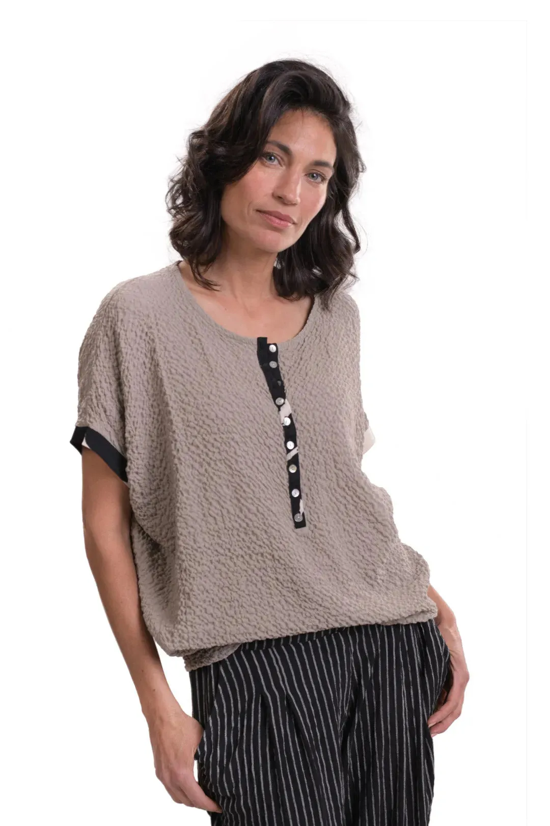 Henley Crepe Top, Stone
