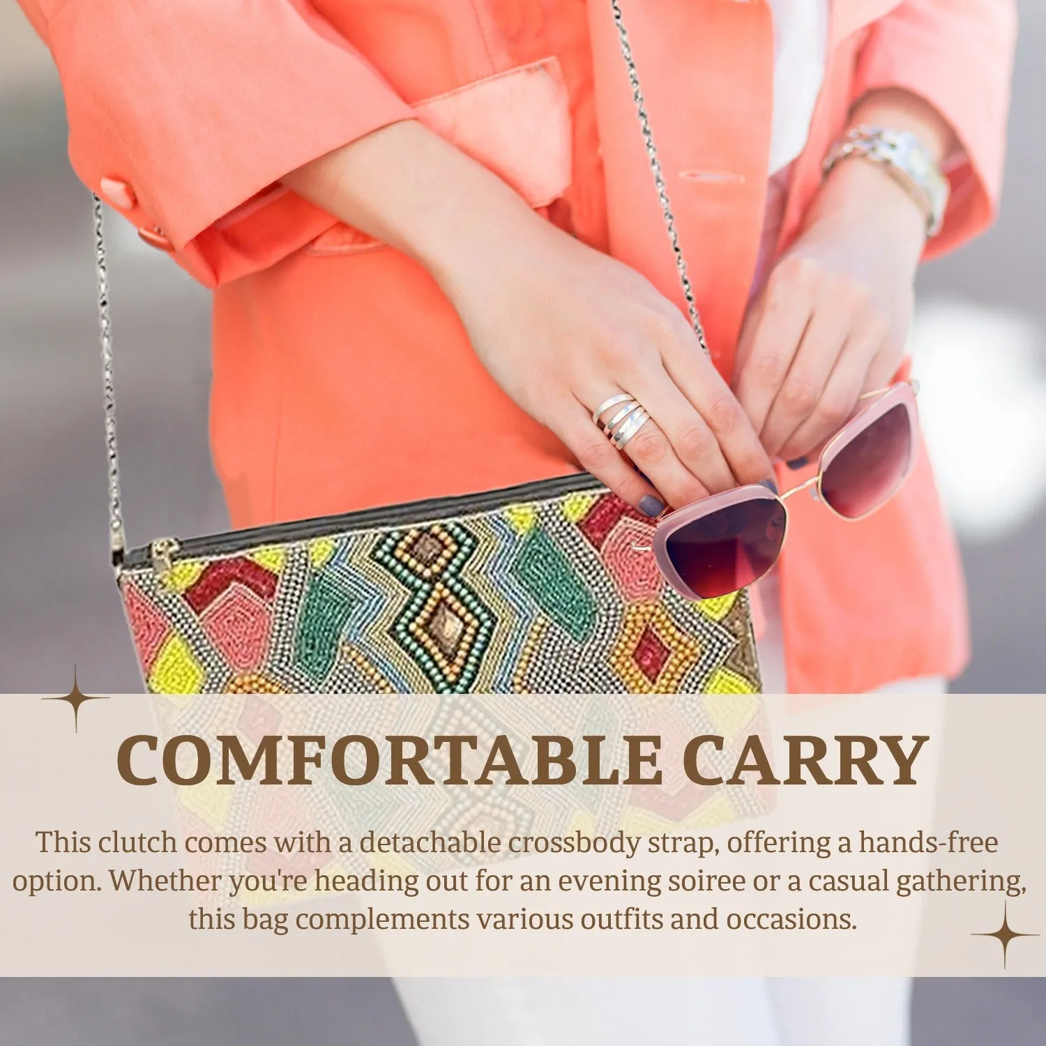 HHH Designs Embroidery Clutch Having Front side Embroidery and Plain Back, Elegant Embroidered Clutch with Front Beading and Crossbody Option