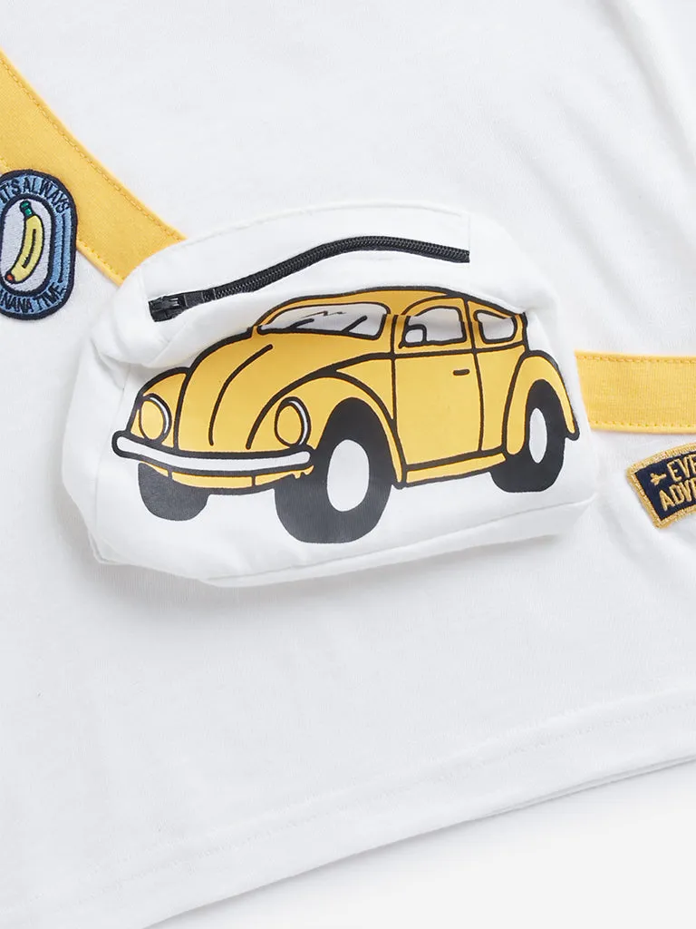 HOP Kids White Car Printed Cotton T-Shirt