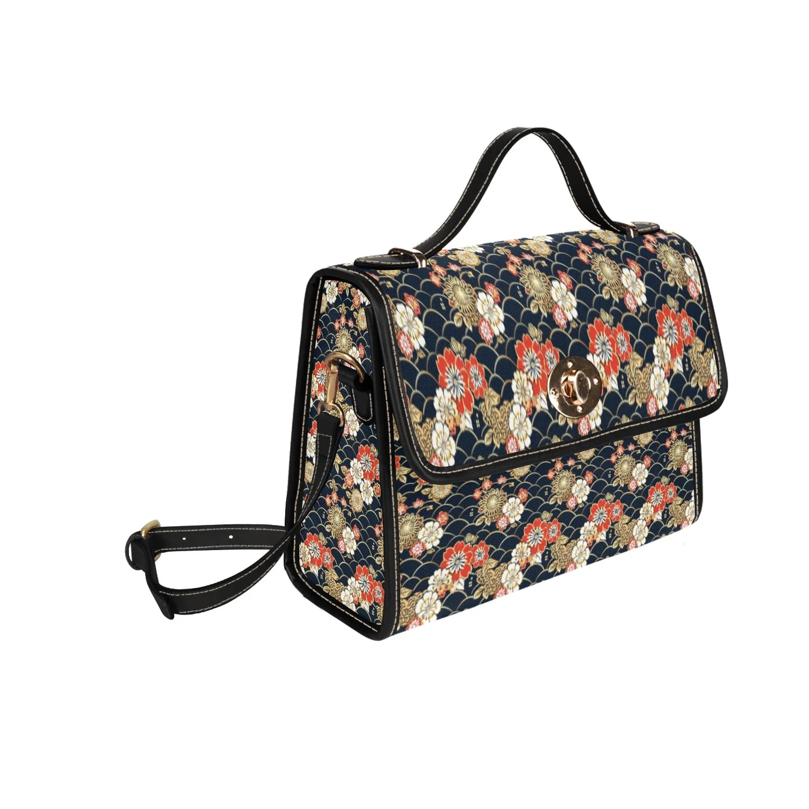 Japanese Flowers Canvas Satchel bag, Black Floral Waterproof Black Women Ladies Crossbody Purse Vegan Leather Shoulder Strap Vintage Handbag