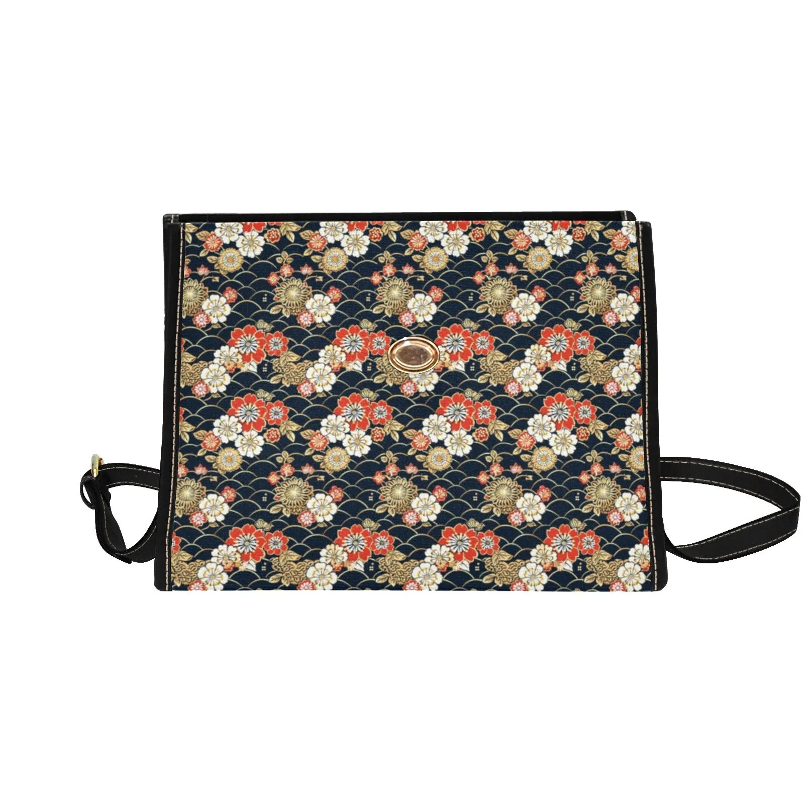 Japanese Flowers Canvas Satchel bag, Black Floral Waterproof Black Women Ladies Crossbody Purse Vegan Leather Shoulder Strap Vintage Handbag