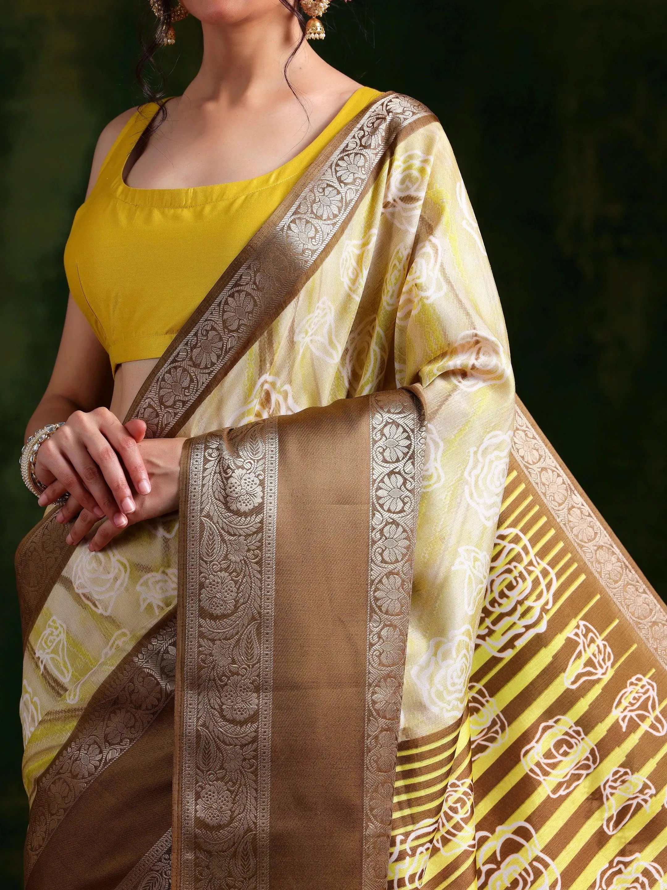 Khaki Brown Printed Silk Blend Saree With Unstitched Blouse Piece