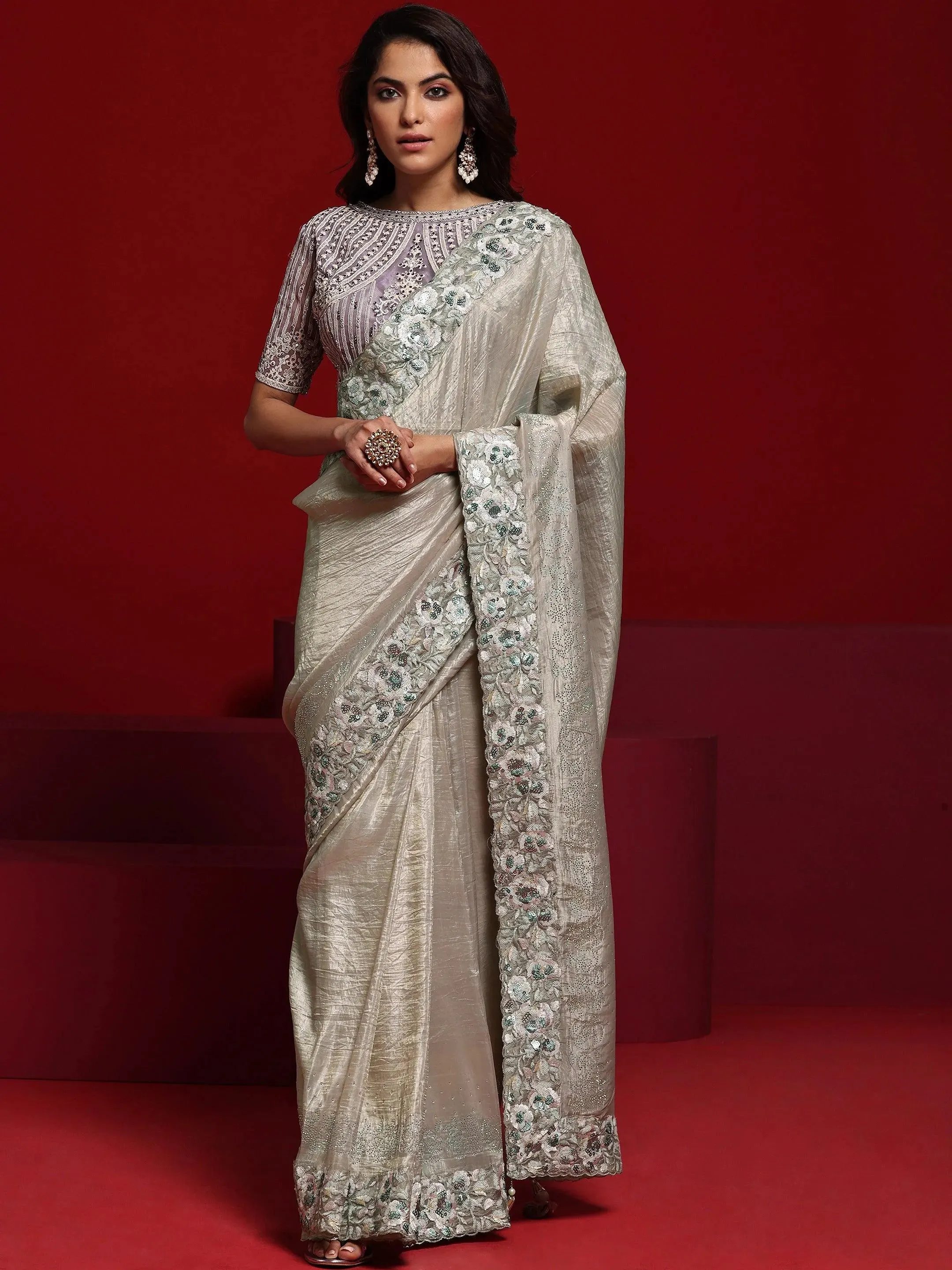 Libas Art Pink Embellished Tissue Saree With Unstitched Blouse Piece