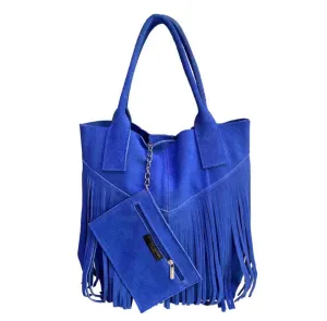 Moda Royal Blue Women's Fringe Purse in genuine suede with fringe plus jewelry case in the same color