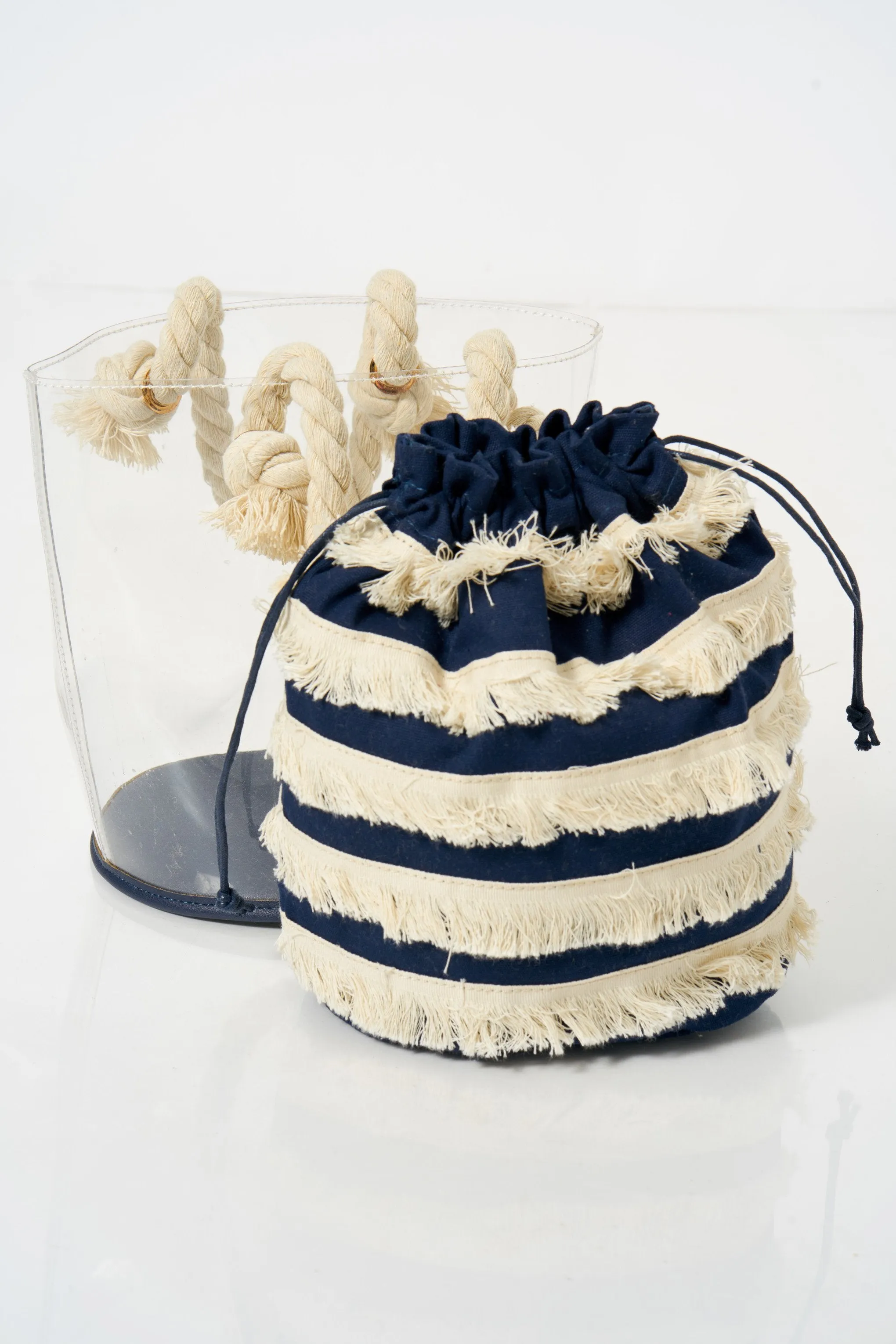 Navy Striped Fringe Bucket Handbag