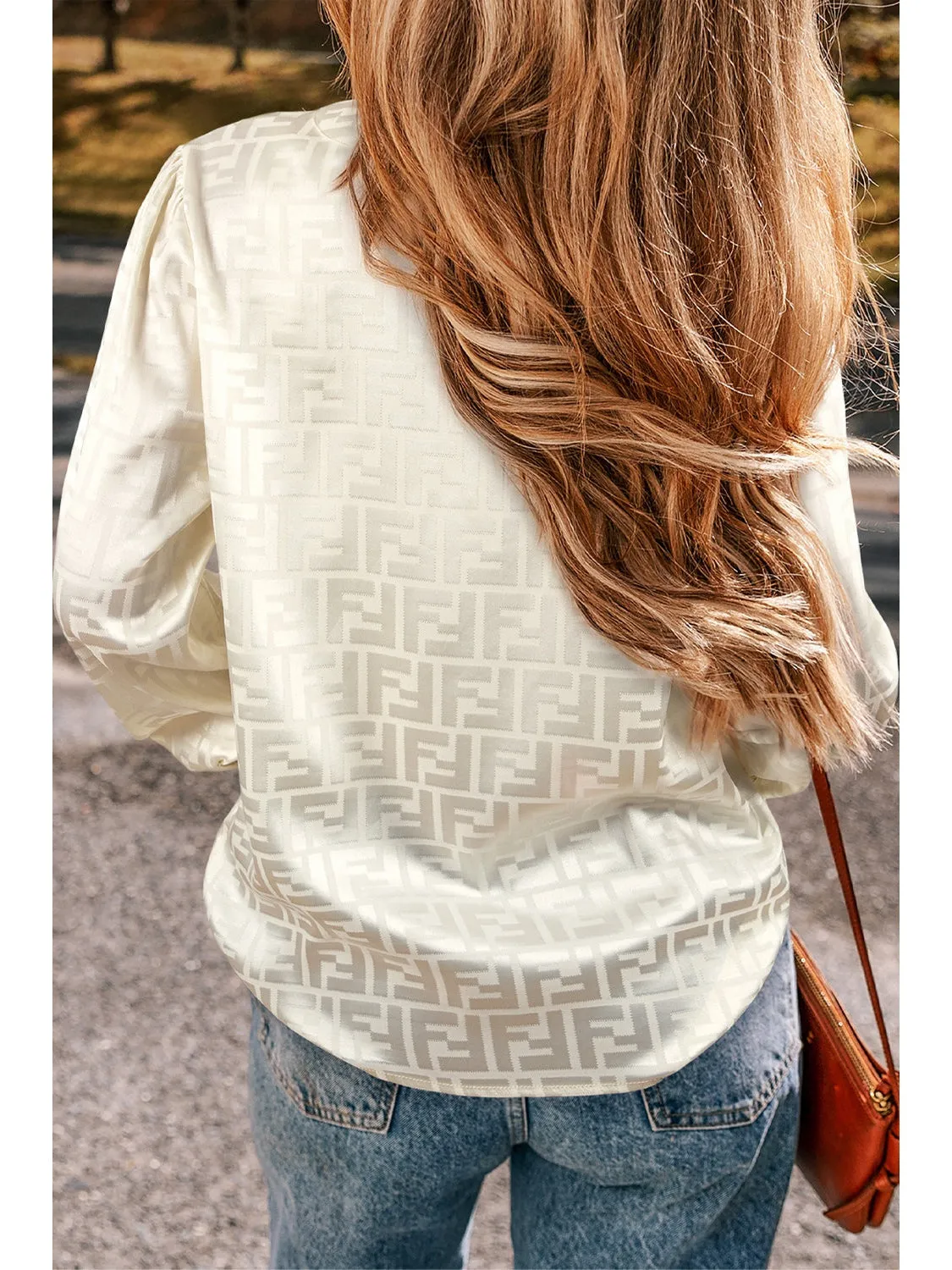 Oatmeal Geometric V Neck Bishop Sleeve Satin Blouse