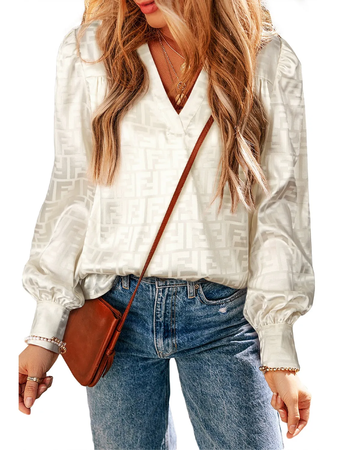 Oatmeal Geometric V Neck Bishop Sleeve Satin Blouse