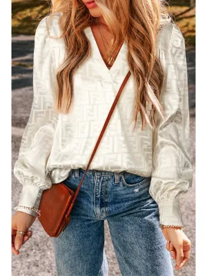 Oatmeal Geometric V Neck Bishop Sleeve Satin Blouse