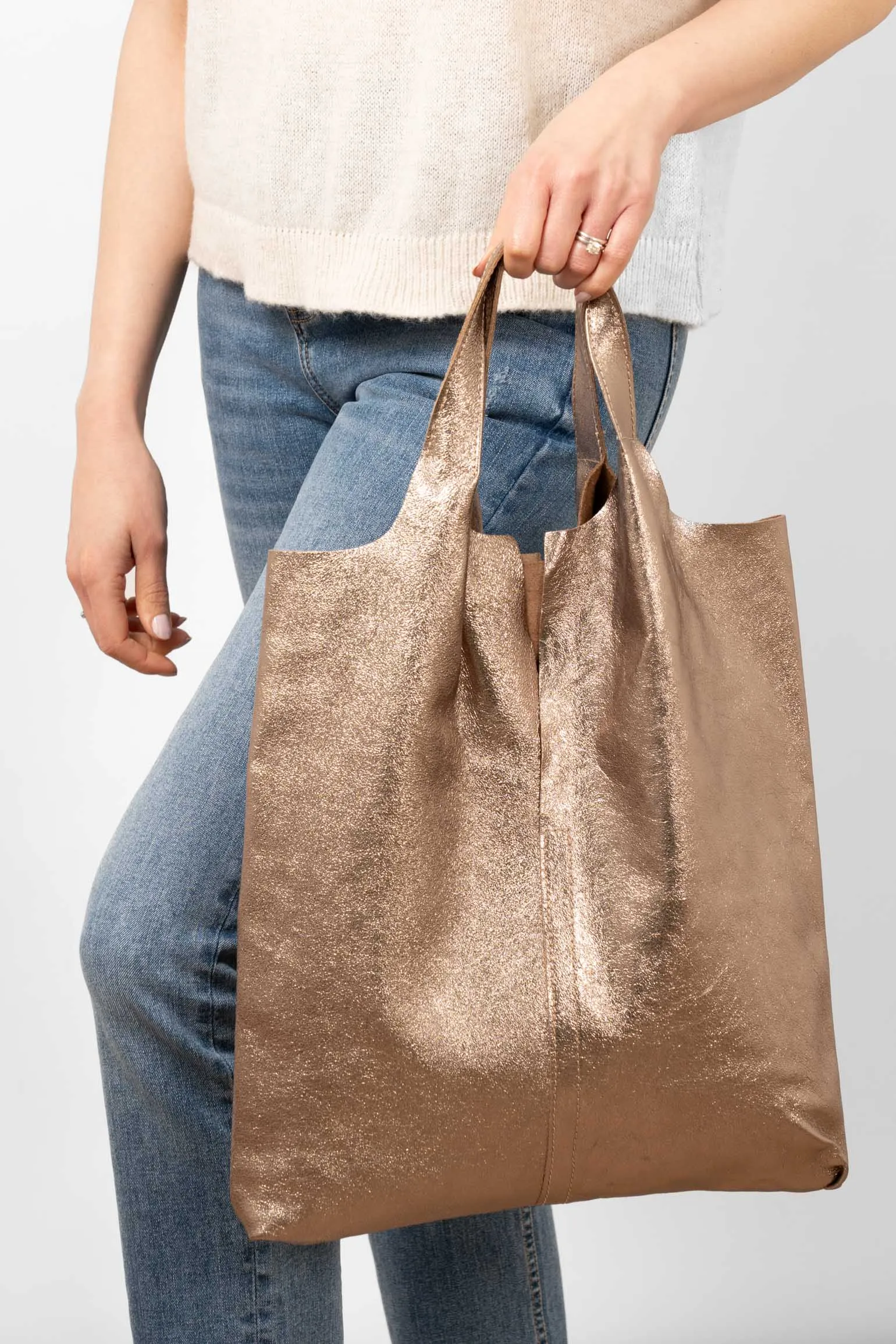 Paloma Italian Leather Shoulder Bag - Champagne, Metallic