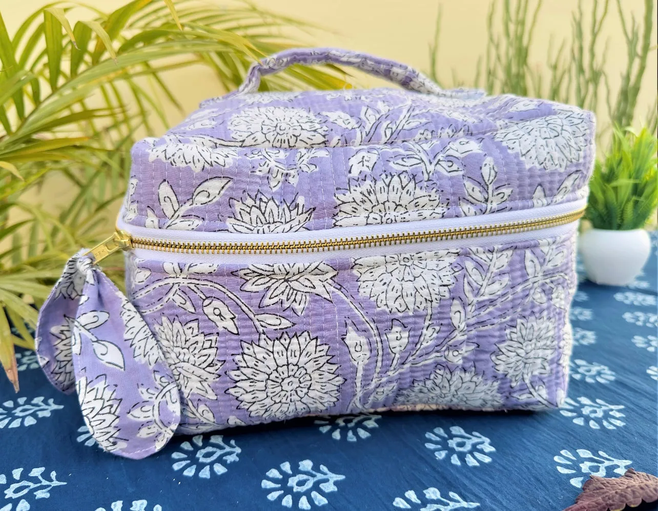 Periwinkle Lotus Block Print Cosmetic Case