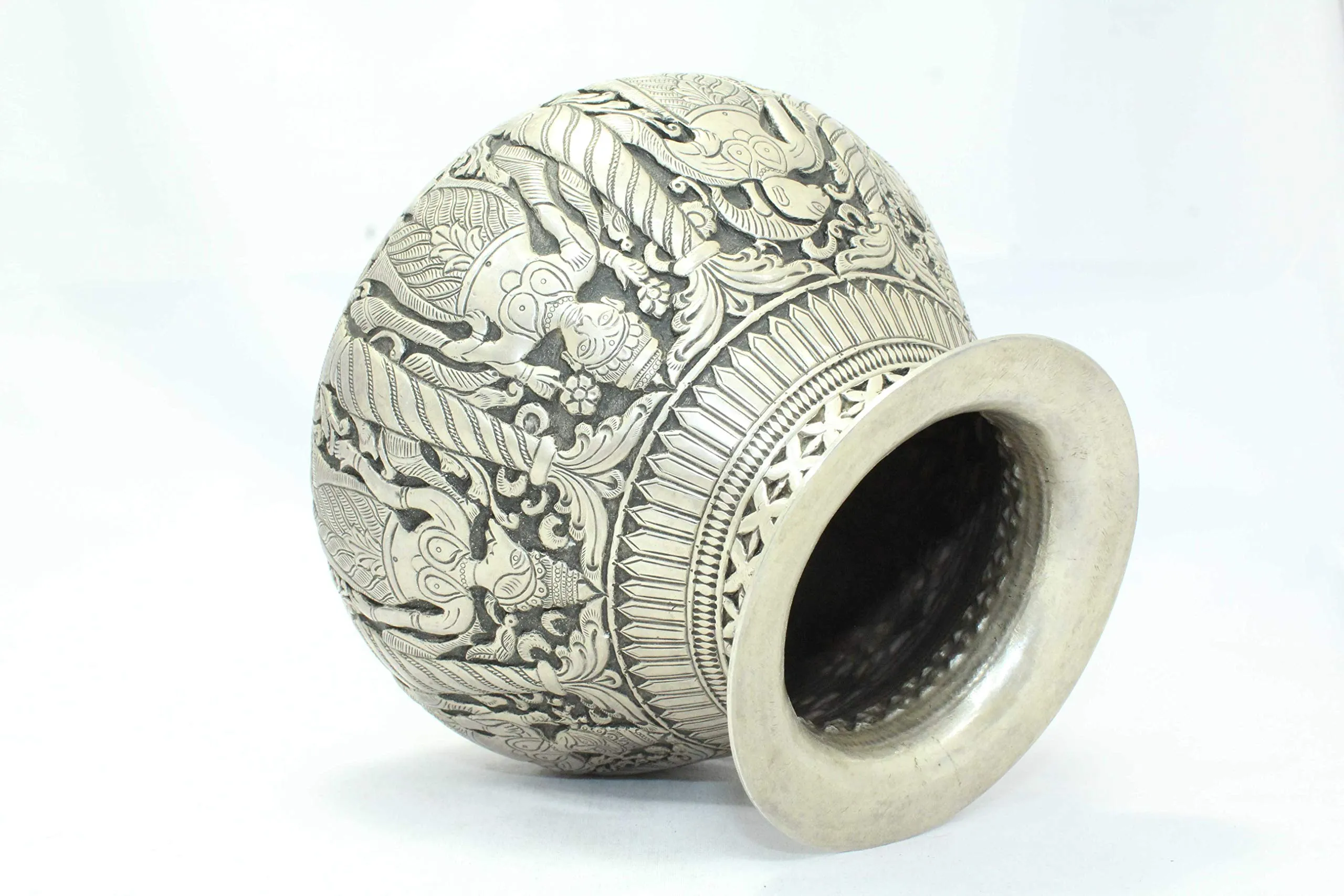 PH Artistic Antique Handmade India Temple Holy Water Pot Kalash Solid Silver Hand Carved