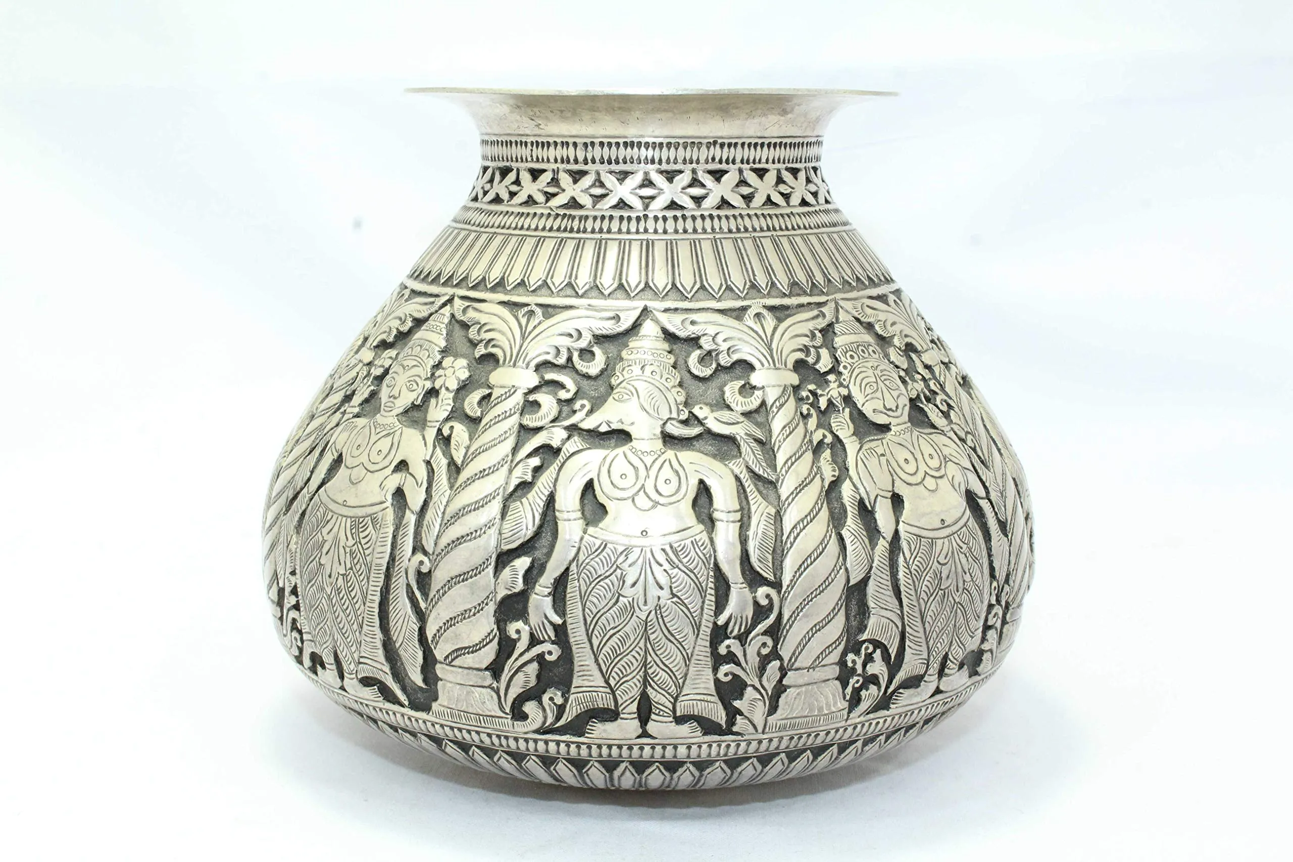 PH Artistic Antique Handmade India Temple Holy Water Pot Kalash Solid Silver Hand Carved