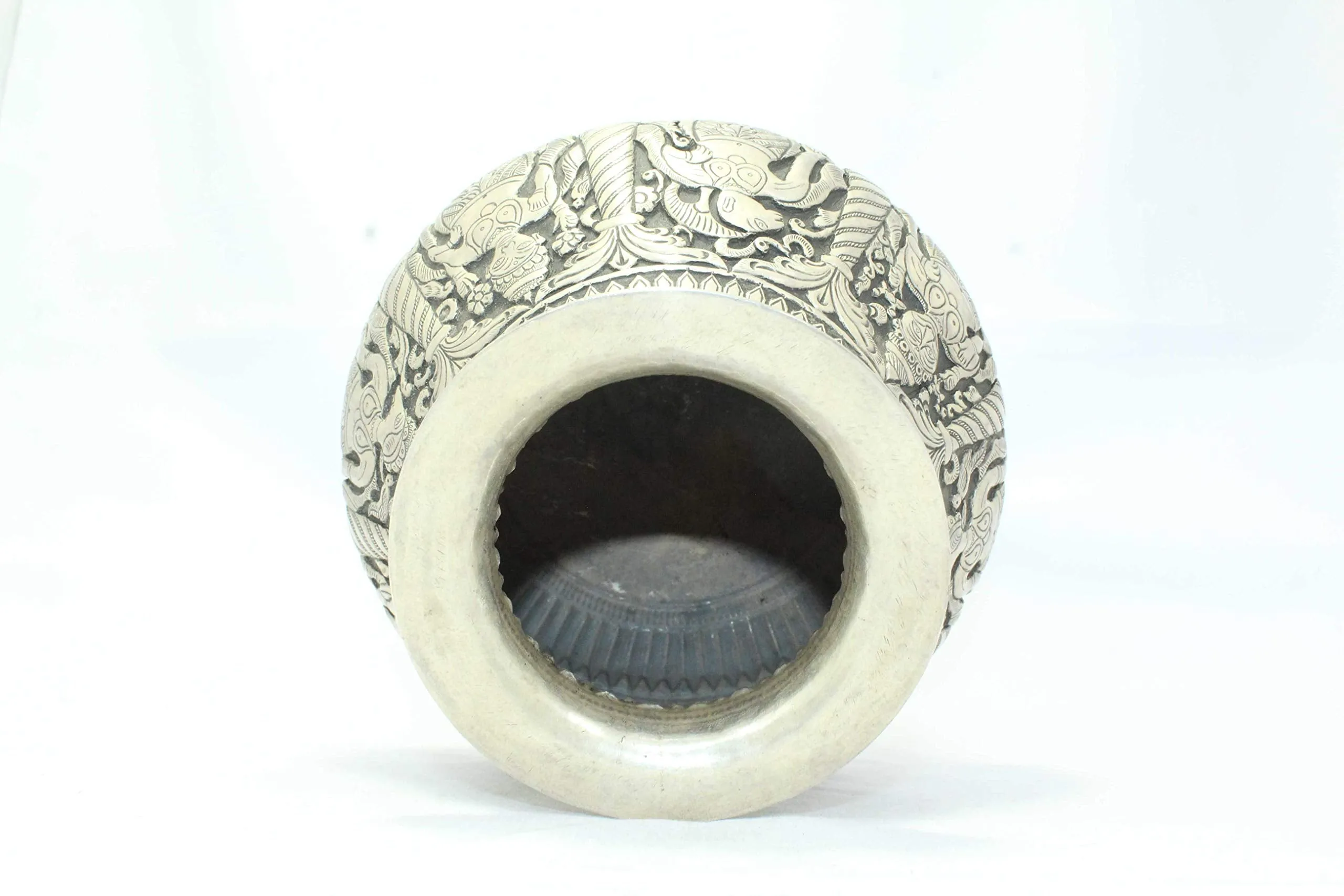 PH Artistic Antique Handmade India Temple Holy Water Pot Kalash Solid Silver Hand Carved