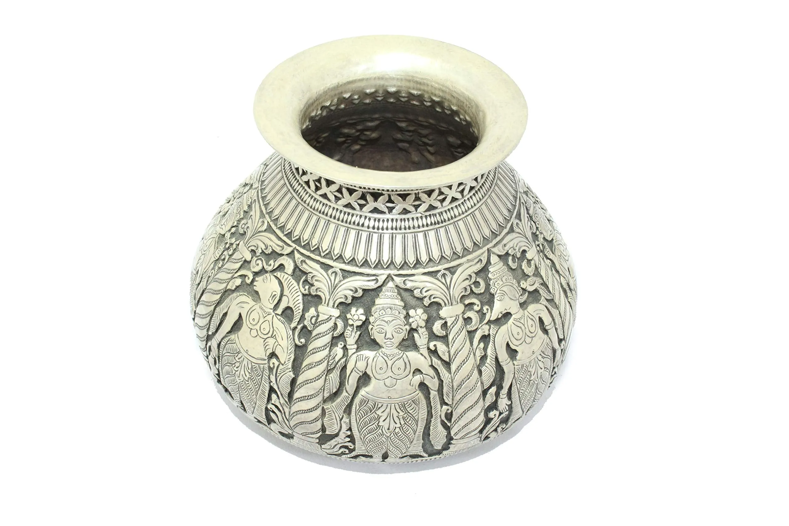 PH Artistic Antique Handmade India Temple Holy Water Pot Kalash Solid Silver Hand Carved