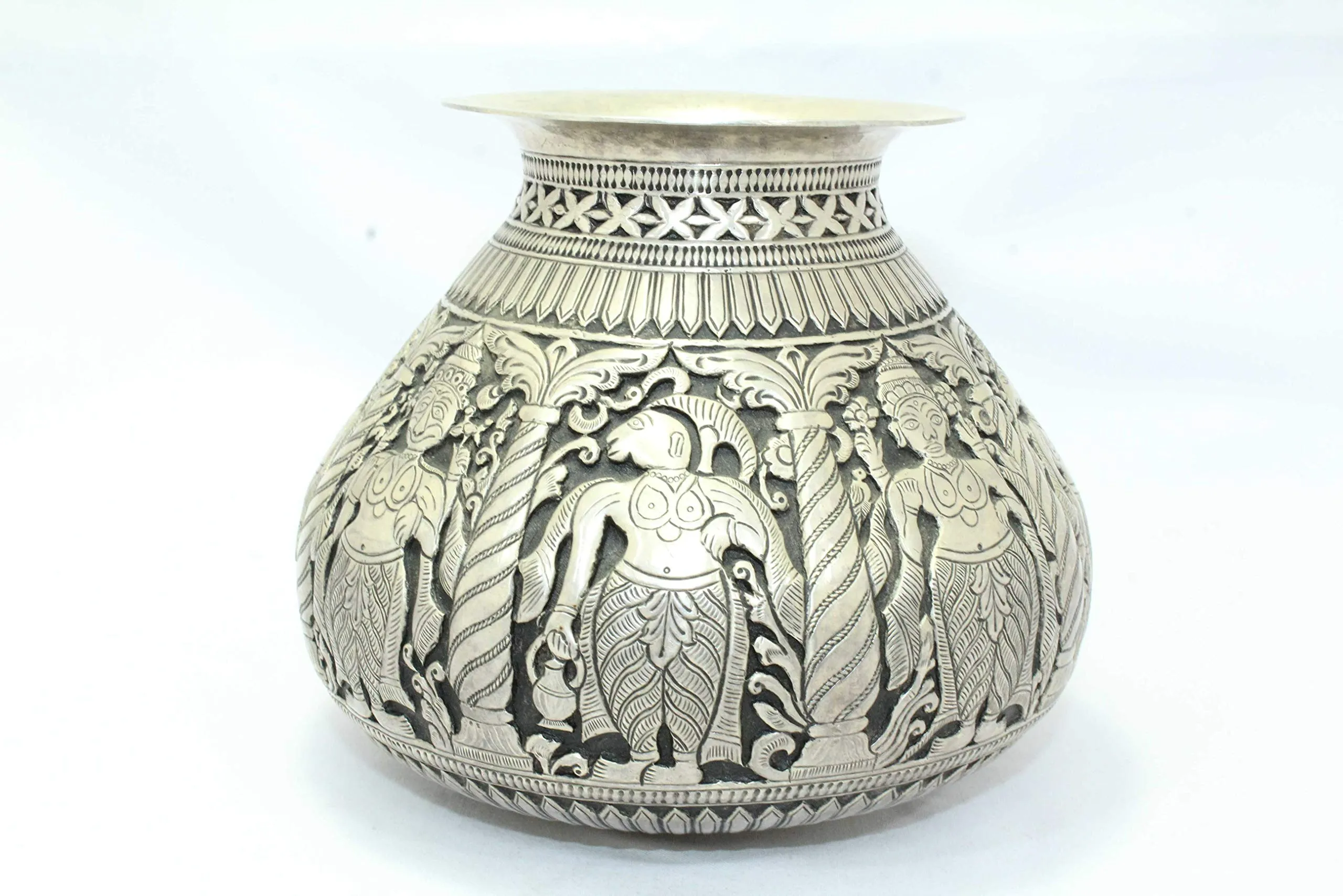PH Artistic Antique Handmade India Temple Holy Water Pot Kalash Solid Silver Hand Carved