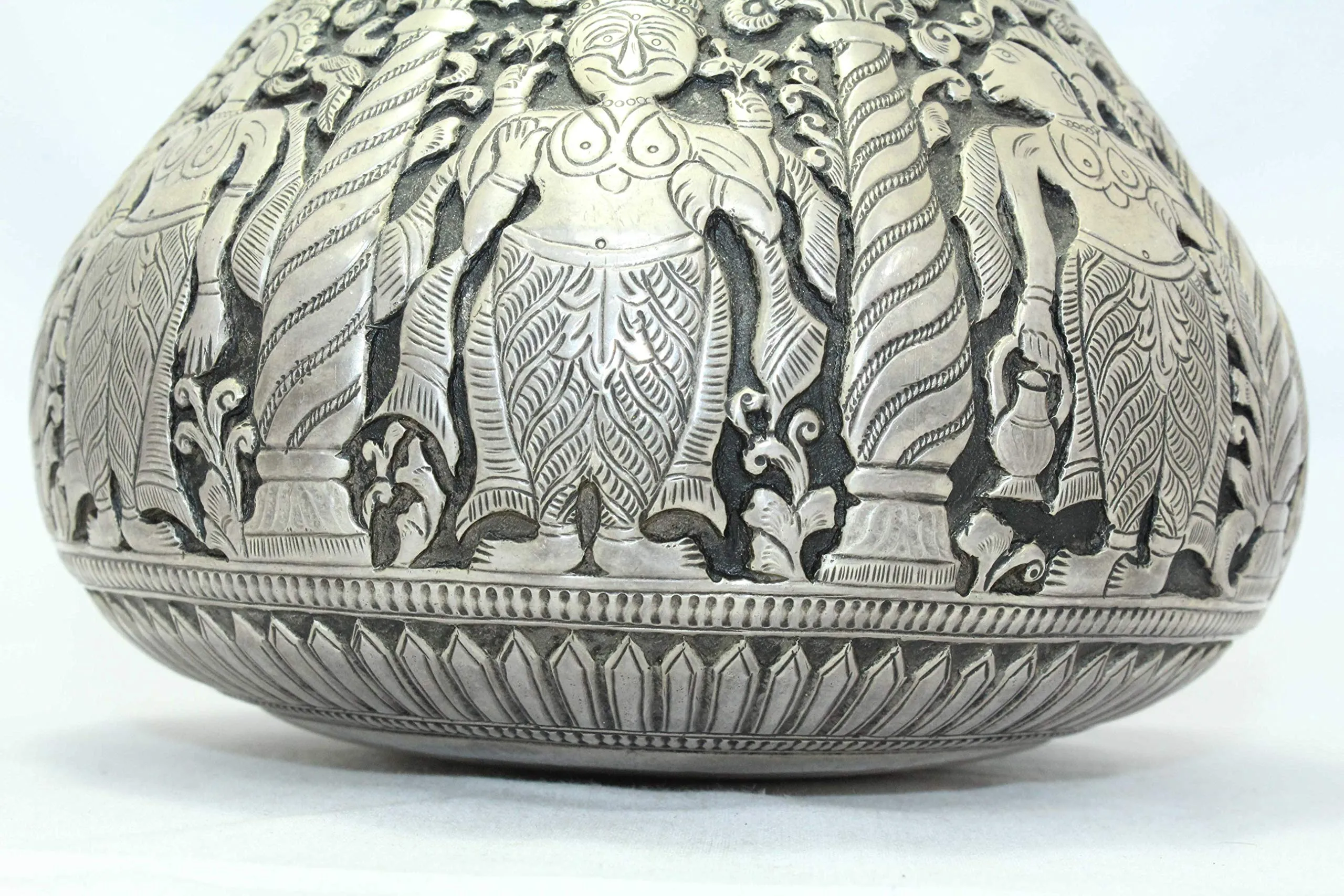PH Artistic Antique Handmade India Temple Holy Water Pot Kalash Solid Silver Hand Carved